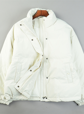 韩版精品宽松立领羽绒服女L85590简约纯色百搭拉链白鸭绒短外套冬