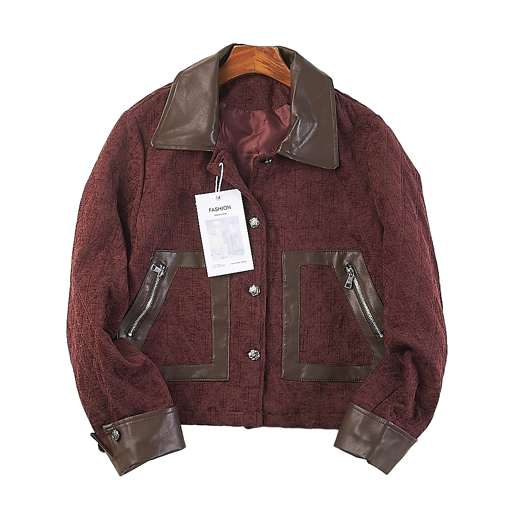 美式复古风拼接皮革翻领短外套女H84715秋冬新款拉链夹克潮流上衣,女装/女士精品,短外套,淘宝优惠券,粉丝福利购,淘宝优惠卷