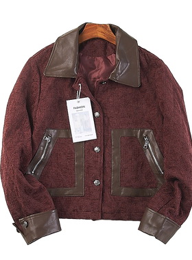 美式复古风拼接皮革翻领短外套女H84715秋冬新款拉链夹克潮流上衣