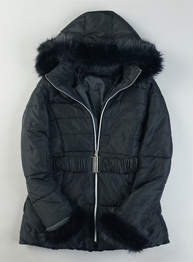 日单精品立领连帽中长款棉服女L85631冬季收腰修身毛领边棉衣外套