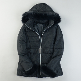 日单精品立领连帽中长款棉服女L85631冬季收腰修身毛领边棉衣外套