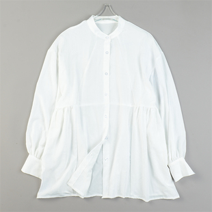 日单精品中长款立领白衬衫女L84500夏秋宽松落肩柔美文艺长袖上衣