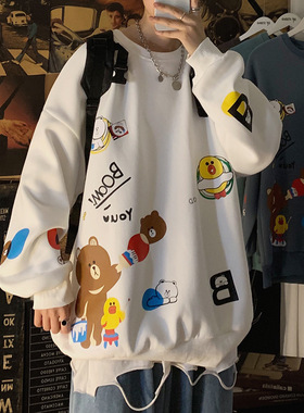 426休闲卡通印花圆领套头卫衣男女L73647宽松棉毛圈青春学院外套