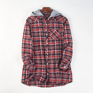 日单经典中长款格纹可拆卸连帽衬衫女H84708春秋长袖宽松外套上衣