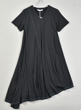 精品斜摆设计感短袖连衣裙女83747垂感不易皱夏秋显瘦V领中长裙子