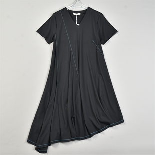 精品斜摆设计感短袖 连衣裙女83747垂感不易皱夏秋显瘦V领中长裙子