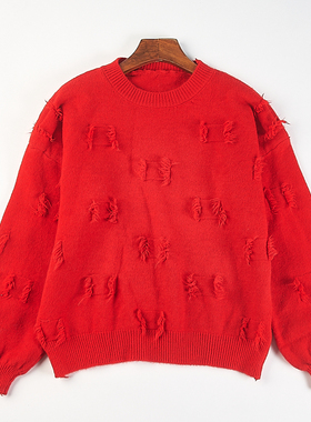 韩版港风流苏补丁设计感毛衣女H85101秋冬圆领减龄宽松长袖针织衫