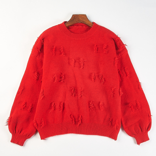 针织衫 韩版 港风流苏补丁设计感毛衣女H85101秋冬圆领减龄宽松长袖