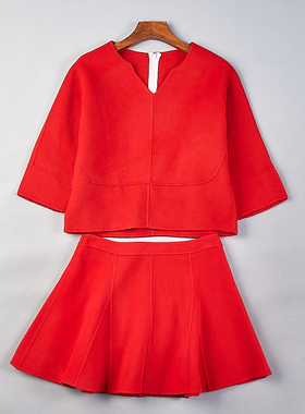 纯色双面绒套装女10.8H80466秋冬时尚V领短款羊毛呢上衣+半身伞裙