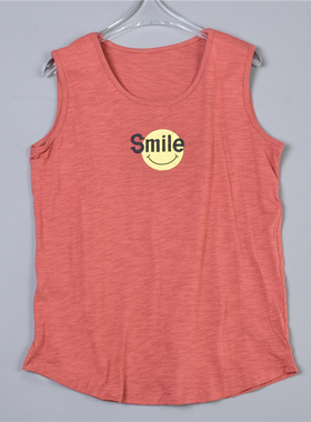 外贸纯棉女生笑脸印花背心319L78222百搭直筒型夏季休闲无袖T恤衫