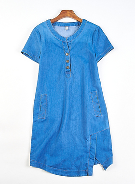 韩版新品水洗牛仔短袖连衣裙4.22H82331春夏复古开叉修身显瘦中裙