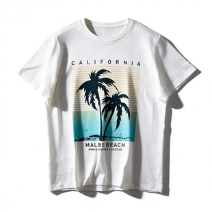 海滩度假风超柔软印花短袖 白T恤男女86096日常通勤休闲圆领上衣夏