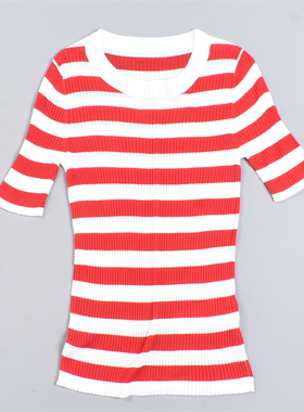 外贸精品条纹针织天丝T恤衫女513L82580套头修身圆领春夏休闲上衣