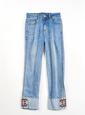 韩版裤脚拼接刺绣磨白牛仔裤女6.10H82886夏秋修身显瘦直筒九分裤