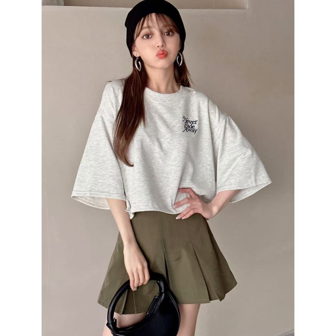 外贸单刺绣圆领七分袖T恤女