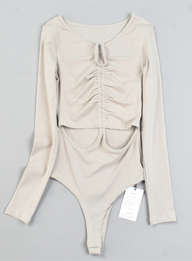 春秋季性感低圆领抽褶连体衣83040紧身显瘦长袖T恤甜辣打底衫上衣