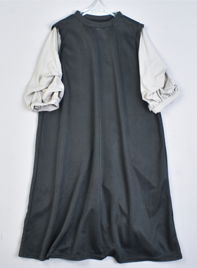 815日单大码女装拼接假两件连衣裙82361夏秋季宽松泡泡七分袖长裙