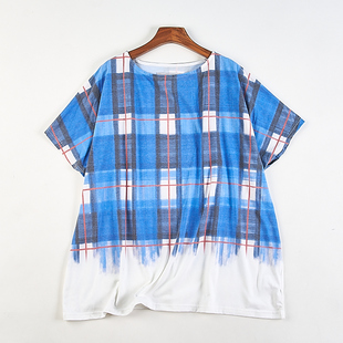 渐变色宽松大码 日单圆领格子短袖 T恤女84146夏秋季 新款 显瘦蝙蝠衫