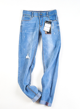 外贸韩国单水洗磨白浅蓝牛仔裤女H83233夏秋中腰修身显瘦直筒长裤