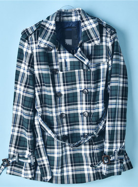 216高品质中长款格子风衣女71910复古双排扣肩章收腰春秋长袖外套