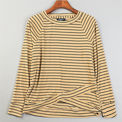 外贸精品软糯磨毛条纹T恤打底衫女L85044秋冬季外穿内搭休闲上装