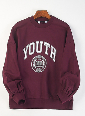 外贸潮牌字母圆领卫衣男女H83255秋冬落肩袖纯棉印花套头休闲上衣