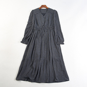 高品质法式 V领木耳边收腰长裙 新款 雪纺碎花长袖 连衣裙女84075秋季