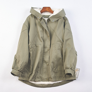 韩版重磅加绒风衣外套夹克女92H75545冬季新款宽松加厚连帽派克服