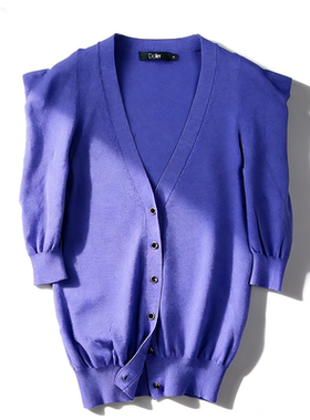 设计感V领阔肩针织开衫女3.10L85062春夏外搭显瘦休闲七分袖上衣