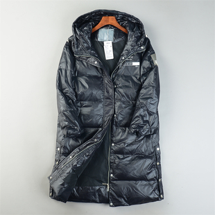 精品黑色长款连帽羽绒服女L85661秋冬双向拉链防风保暖白鸭绒外套