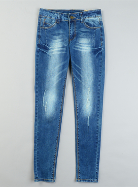 精品韩版水洗磨白弹力瘦腿铅笔牛仔长裤女L85083提臀中低腰小脚裤