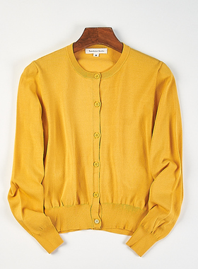 日系极简风纯色圆领针织开衫女H85143春秋季单排扣毛衣上衣短外套