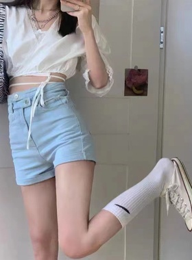 显高腿长牛仔短裤女812S75476夏韩版高腰辣妹显瘦修身直筒a字热裤