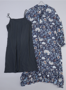 216碎花雪纺连衣裙两件套装78600飘带领灯笼袖宽松长裙+吊带裙子