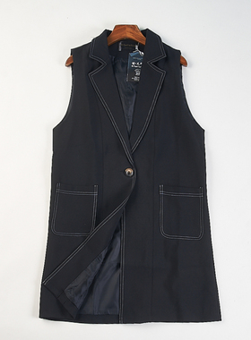 西装风中长款无袖风衣马甲女H84116韩版黑色明线装饰显瘦马夹外套