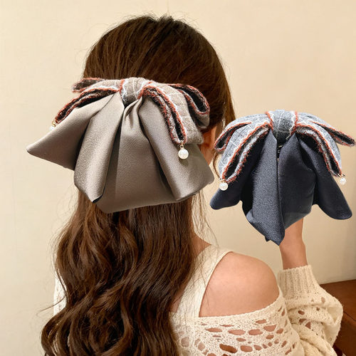 女格纹蝴蝶结马尾发夹高级感气质抓夹盘发鲨鱼夹布艺学院风发抓后