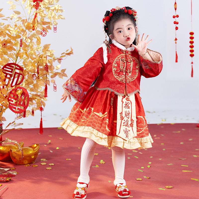 冬原创女童拜年服汉服古装儿童唐装套装连衣裙红色过年服一件