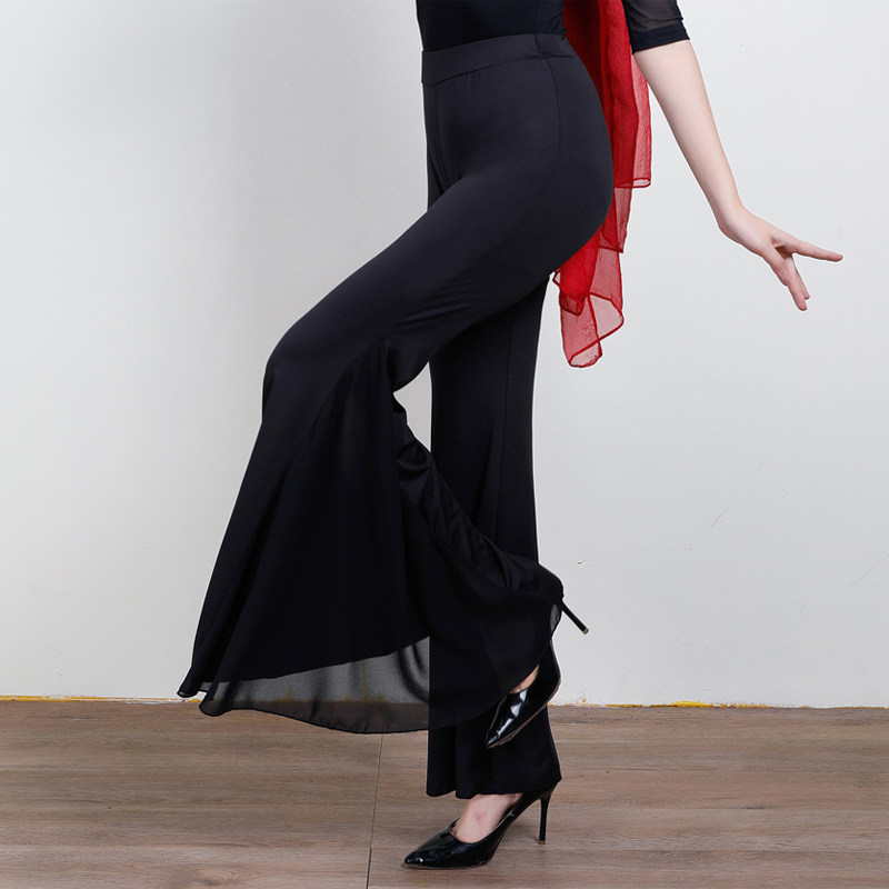 舞蹈裤女形体走秀练功裤肚皮舞跳舞裤修身牛奶丝网纱拼接大喇叭裤