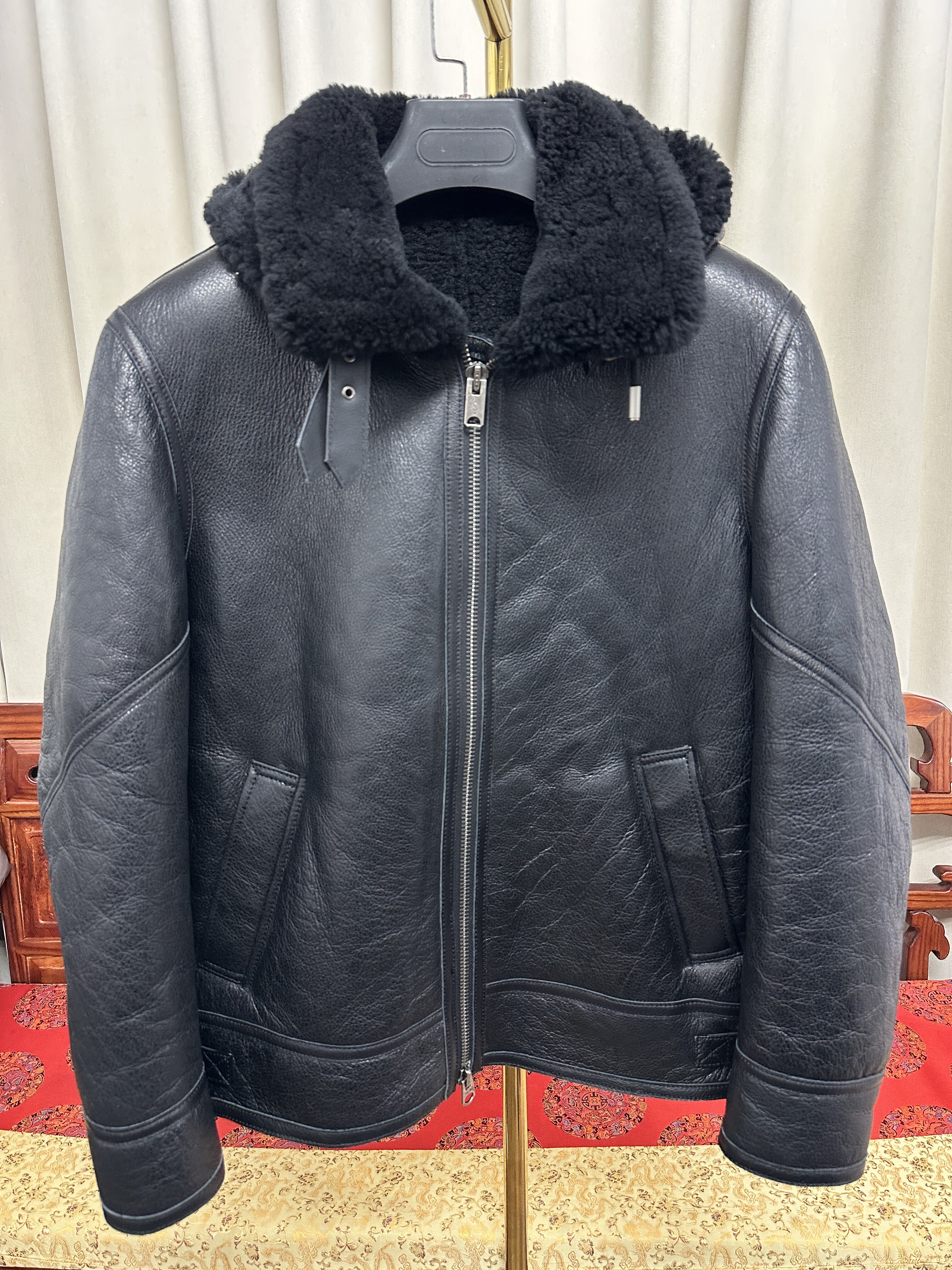 尾货原单男士皮毛一体机车飞行服时尚休闲翻领冬季真皮连帽可拆卸