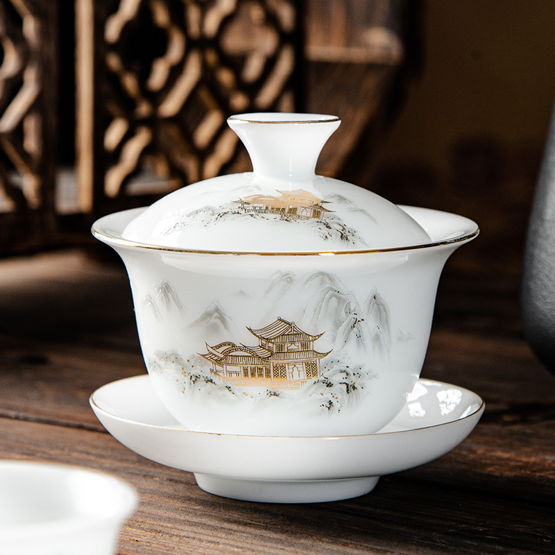 高档轻奢白瓷盖碗大号泡茶碗