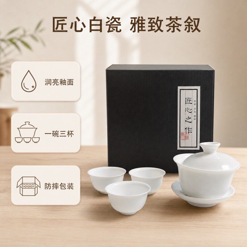 白瓷茶杯套装盖碗三茶杯佳品茶具