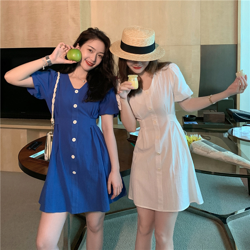 Real photo - 2021 summer new French bubble sleeve waist dress women's gentle style A-line skirt