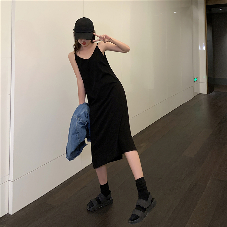 Real shot spring minority versatile loose medium length sleeveless collar solid split dress