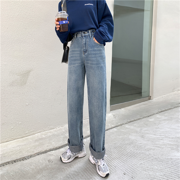 Real shot - early spring 2021 design sense niche jeans women's wide leg pants loose high waist straight pants fashion