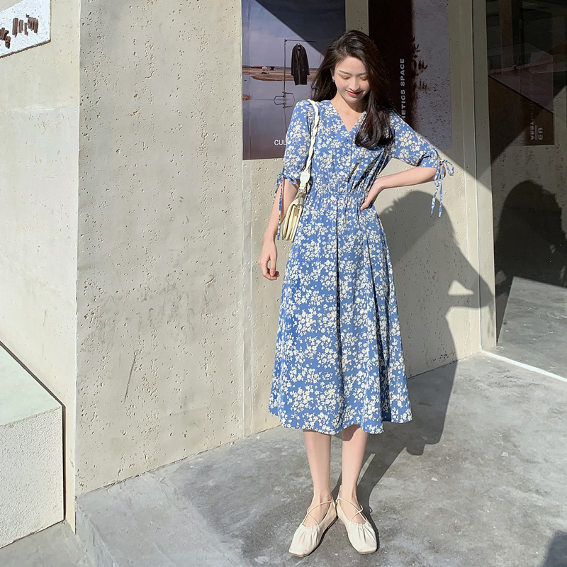 New floral dress French collar in spring