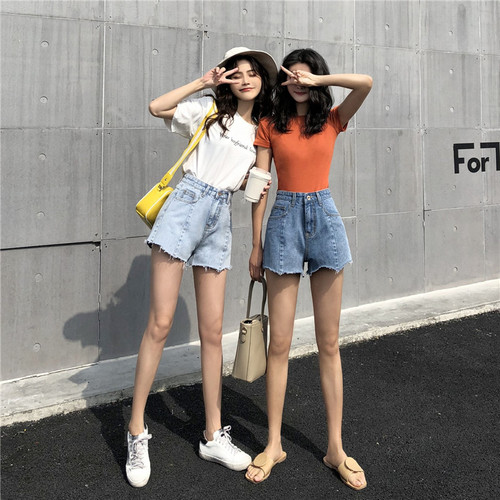 Actual Shot of 2019 Summer Korean Edition Irregular Ribbed Jeans High-waist Shorts Female Loose Student Hot Pants