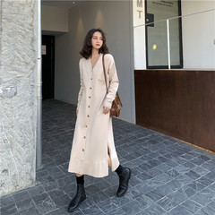 Real price real shot video Korean version collar button loose show thin long sleeve medium long split dress female