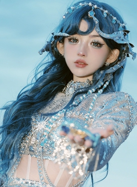 仙女蓝色假发女长发中分八字刘海长卷发摄影街拍化妆cos精灵头套