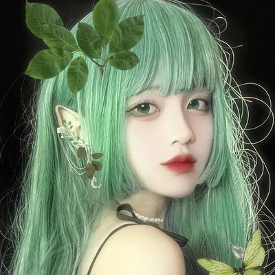 taobao agent Wig, hair mesh for princess, comics, bangs, green straight hair, helmet, internet celebrity