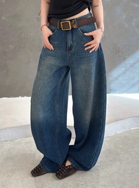 JEANS58226欧货冬款后裤筒褶皱设计感厚绒休闲弯刀裤无弹牛仔长裤